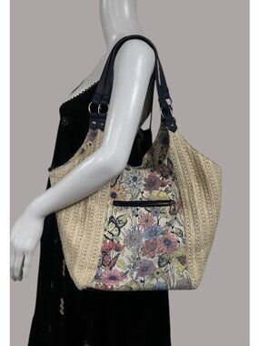 The Sakroots Floral Straw Tote Bag With Navy Straps 13" Handbag Boho